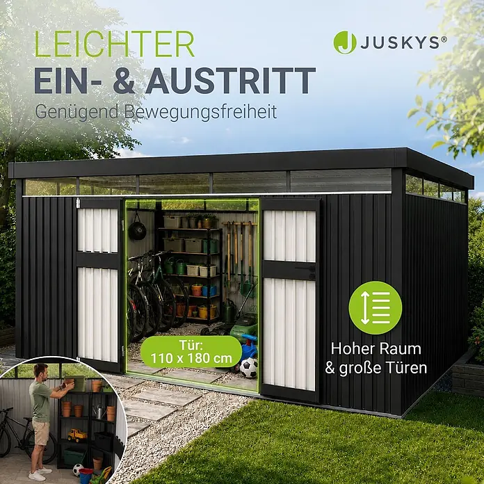 Juskys Gerätehaus - Außenbreite inkl. Dachüberstand: 389 cm, Außentiefe inkl. Dachüberstand: 287 cm, Metall, Anthrazit