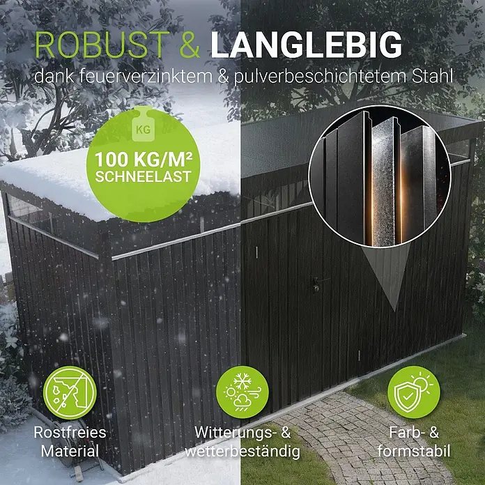 Juskys Gerätehaus - Außenbreite inkl. Dachüberstand: 389 cm, Außentiefe inkl. Dachüberstand: 287 cm, Metall, Anthrazit