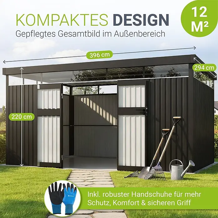 Juskys Gerätehaus - Außenbreite inkl. Dachüberstand: 389 cm, Außentiefe inkl. Dachüberstand: 287 cm, Metall, Anthrazit