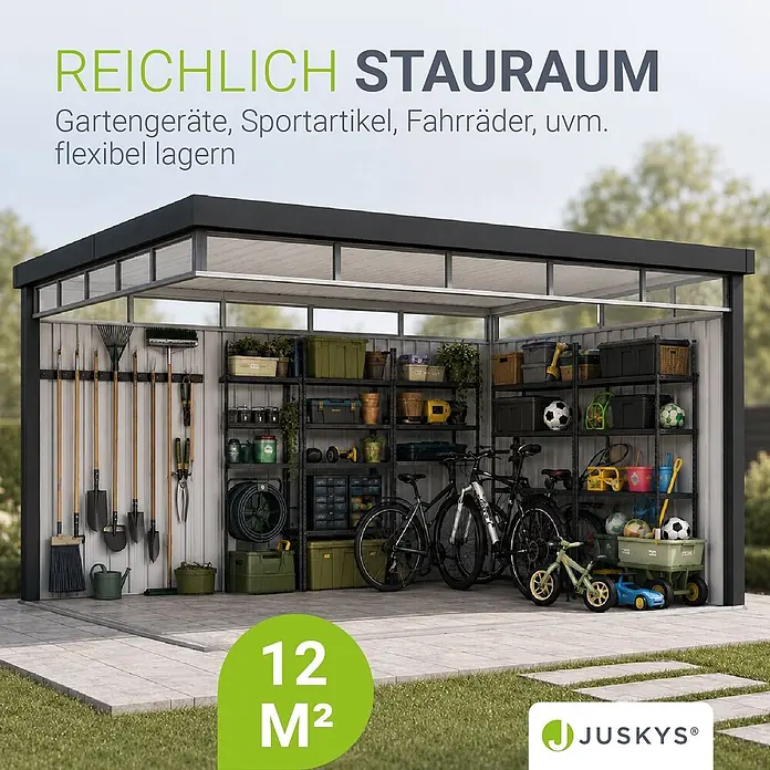 Juskys Gerätehaus - Außenbreite inkl. Dachüberstand: 389 cm, Außentiefe inkl. Dachüberstand: 287 cm, Metall, Anthrazit