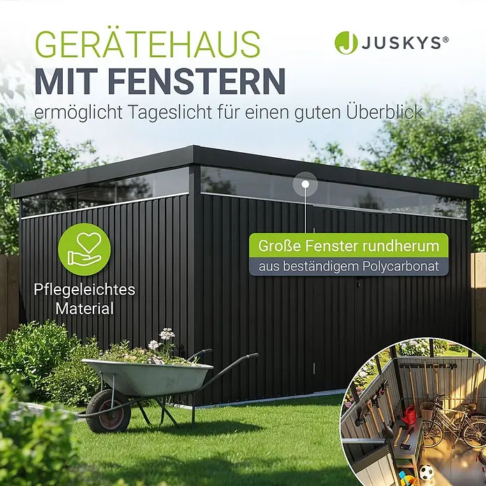Juskys Gerätehaus - Außenbreite inkl. Dachüberstand: 389 cm, Außentiefe inkl. Dachüberstand: 287 cm, Metall, Anthrazit