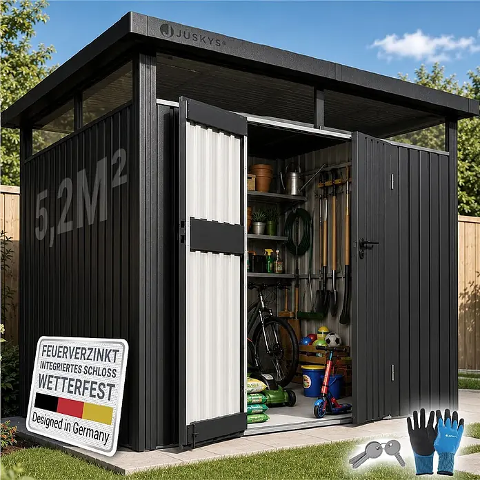 Juskys Gerätehaus - Außenbreite inkl. Dachüberstand: 189 cm, Außentiefe inkl. Dachüberstand: 254 cm, Metall, Anthrazit