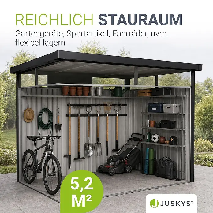 Juskys Gerätehaus - Außenbreite inkl. Dachüberstand: 189 cm, Außentiefe inkl. Dachüberstand: 254 cm, Metall, Anthrazit