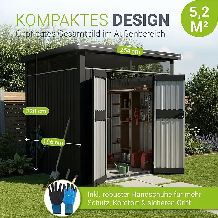 Juskys Gerätehaus - Außenbreite inkl. Dachüberstand: 189 cm, Außentiefe inkl. Dachüberstand: 254 cm, Metall, Anthrazit