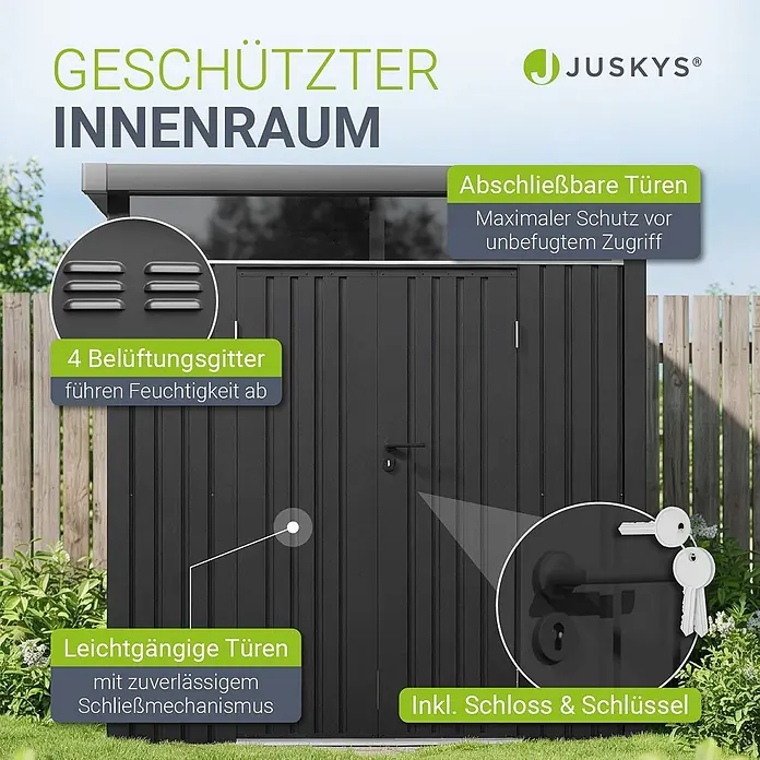 Juskys Gerätehaus - Außenbreite inkl. Dachüberstand: 189 cm, Außentiefe inkl. Dachüberstand: 254 cm, Metall, Anthrazit