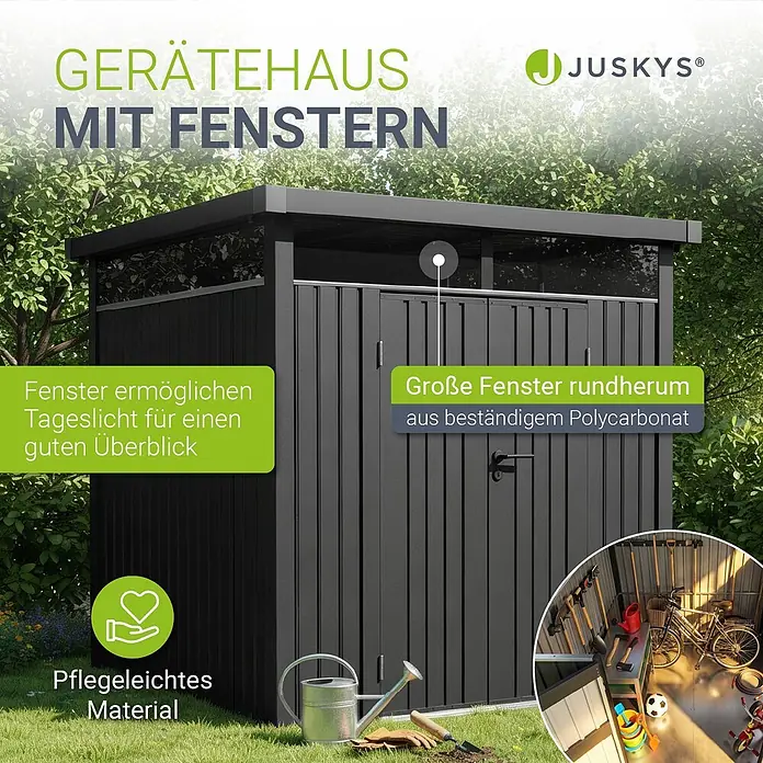 Juskys Gerätehaus - Außenbreite inkl. Dachüberstand: 189 cm, Außentiefe inkl. Dachüberstand: 254 cm, Metall, Anthrazit