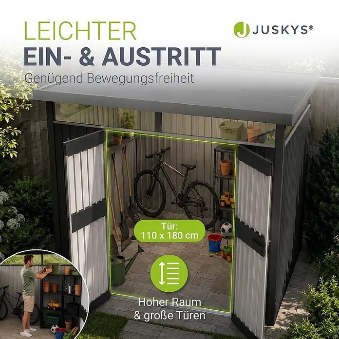 Juskys Gerätehaus - Außenbreite inkl. Dachüberstand: 189 cm, Außentiefe inkl. Dachüberstand: 254 cm, Metall, Anthrazit