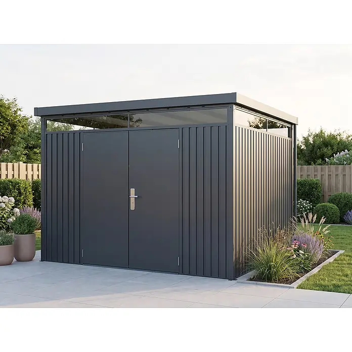 StarLine Metall Gerätehaus Solidum 9,0 m² - Außenbreite inkl. Dachüberstand: 314 cm, Außentiefe inkl. Dachüberstand: 314 cm, Metall, Anthrazit RAL 7016