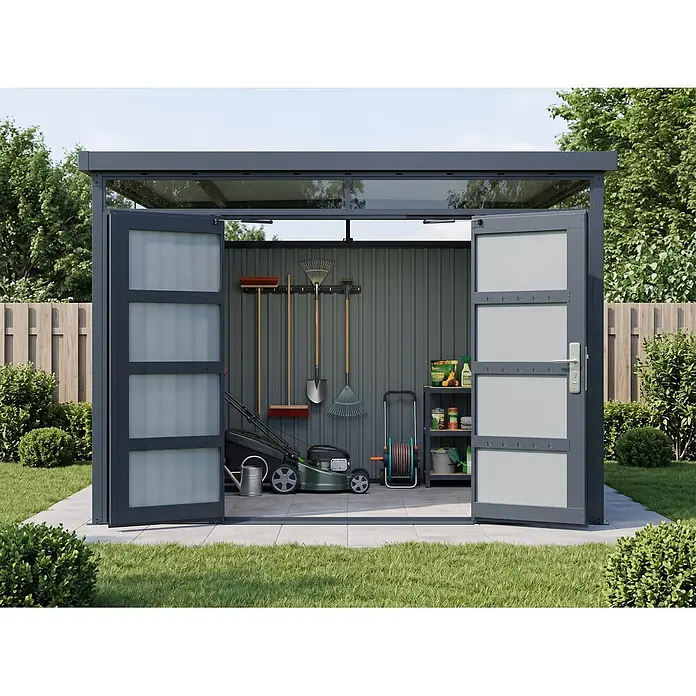 StarLine Metall Gerätehaus Solidum 9,0 m² - Außenbreite inkl. Dachüberstand: 314 cm, Außentiefe inkl. Dachüberstand: 314 cm, Metall, Anthrazit RAL 7016
