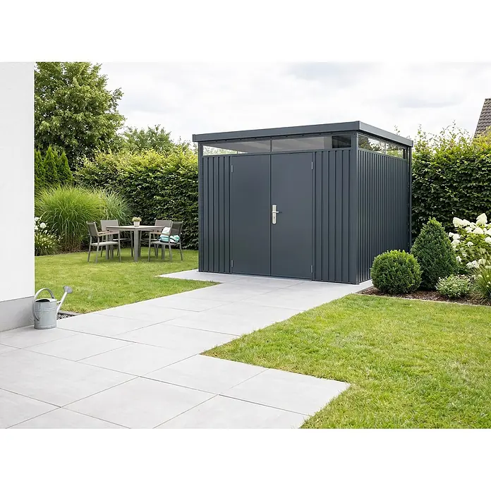 StarLine Metall Gerätehaus Solidum 9,0 m² - Außenbreite inkl. Dachüberstand: 314 cm, Außentiefe inkl. Dachüberstand: 314 cm, Metall, Anthrazit RAL 7016