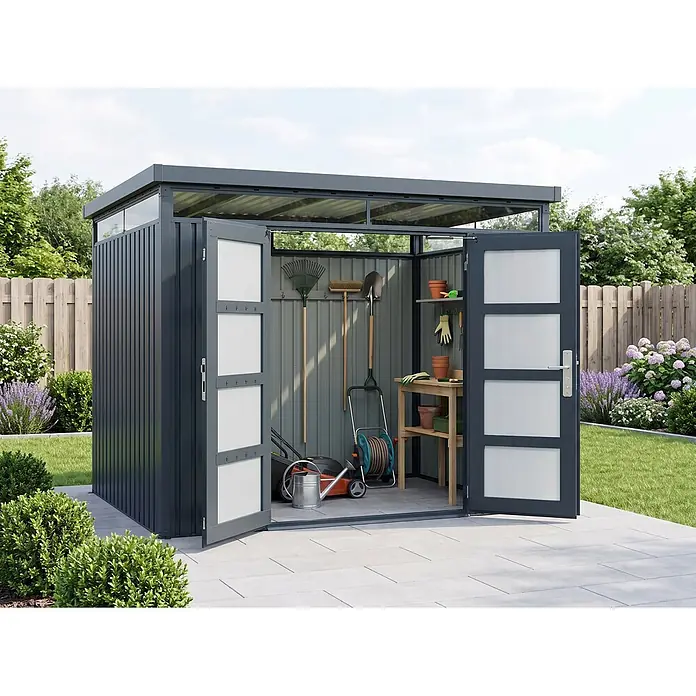 StarLine Metall Gerätehaus Solidum 9,0 m² - Außenbreite inkl. Dachüberstand: 314 cm, Außentiefe inkl. Dachüberstand: 314 cm, Metall, Anthrazit RAL 7016