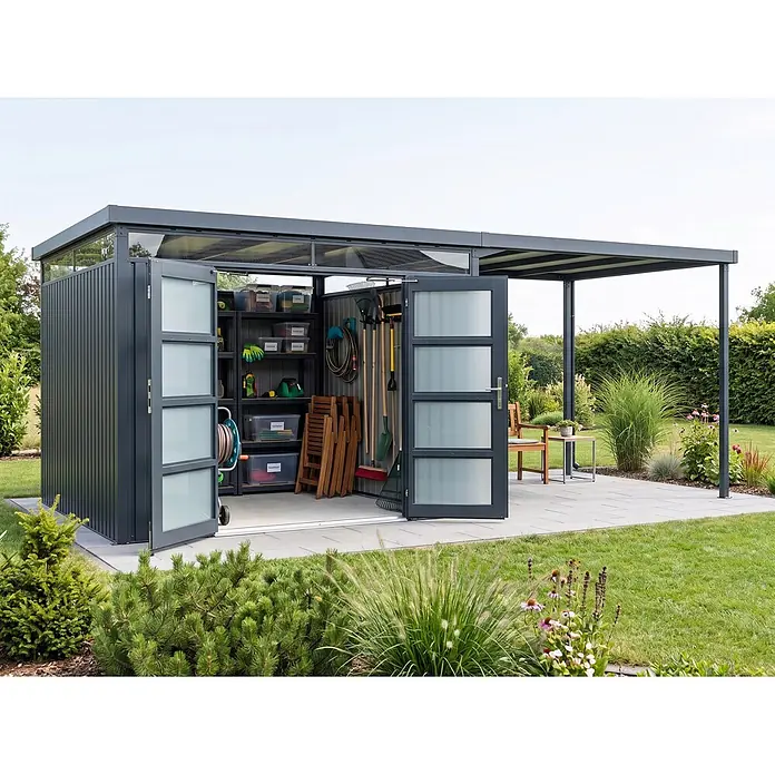 StarLine Metall Gerätehaus Solidum 17,22 m² - Außenbreite inkl. Dachüberstand: 588 cm, Außentiefe inkl. Dachüberstand: 314 cm, Metall, Anthrazit RAL 7016