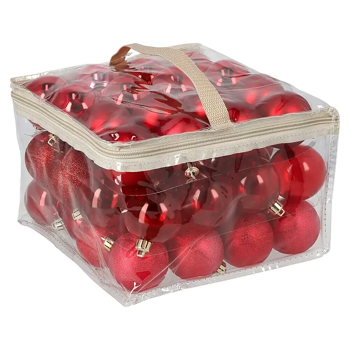 Christbaumkugel-Set - Rot, Kunststoff, 48 Stk., Durchmesser: 6 cm - Rote Weihnachtsbaumkugeln in einer transparenten Aufbewahrungstasche mit beigem Reißverschluss und Griff.