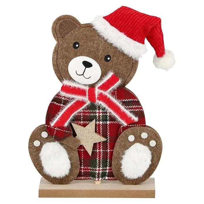 Dekoelement Bär Rubi - Holz - Filz-Teddybär-Weihnachtsdeko mit Schottenmuster, roter Weihnachtsmütze und goldenem Stern auf Holzsockel.