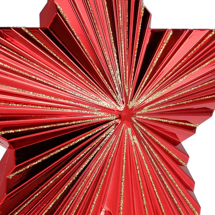 Christbaumspitze Holly & Jolly - Länge: 20 cm, Festive Red - Glänzender roter Sternen-Anhänger mit strahlenden goldenen Glitzerstreifen.