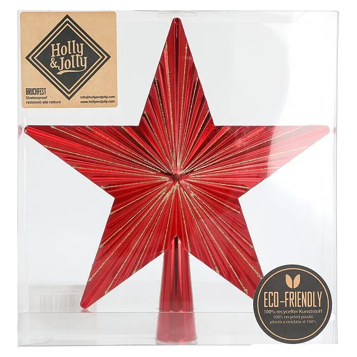 Christbaumspitze Holly & Jolly - Länge: 20 cm, Festive Red - Roter, glitzernder Stern als Weihnachtsbaumspitze, bruchfest und aus 100% recyceltem Kunststoff.