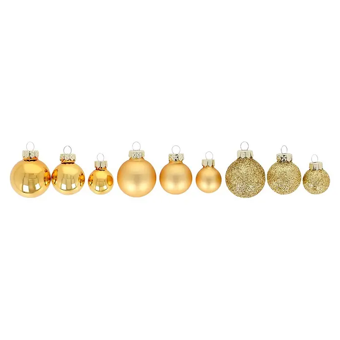 Christbaumkugel-Mix - Inkagold, Glas, 24 Stk. - Eine Reihe verschiedener goldener Weihnachtskugeln, glänzend, matt und glitzernd, mit Metallkappen und Aufhängern.