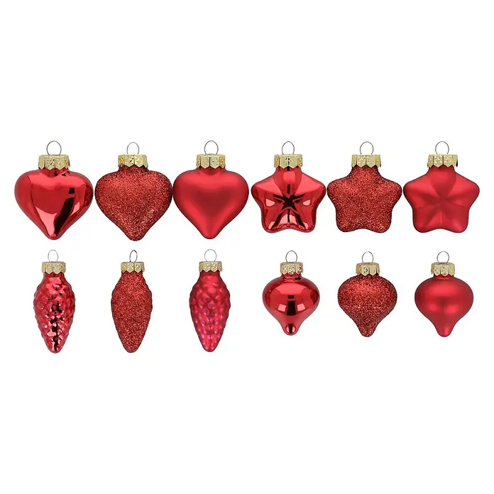 Christbaumkugel-Mix - Merry Red, Glas, 15 Stk. - Rote Weihnachtskugeln in verschiedenen Formen und Oberflächen.