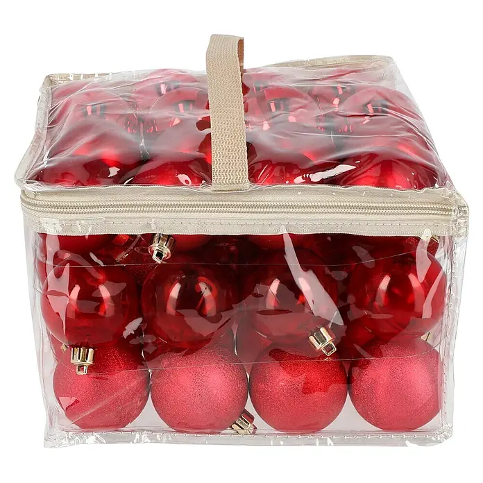 Christbaumkugel-Set - Rot, Kunststoff, 48 Stk., Durchmesser: 6 cm - Rote glänzende und glitzernde Weihnachtskugeln in einer durchsichtigen Reißverschluss-Aufbewahrungstasche mit Tragegriff.