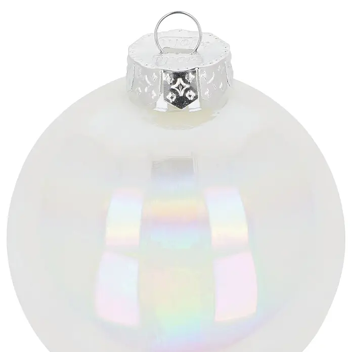 Christbaumkugel-Set Holly & Jolly - Dazzling Snow, Glas, 12 Stk., 8 cm - Weißer irisierender Weihnachtsbaumschmuck mit silberner Kappe und Aufhängering.