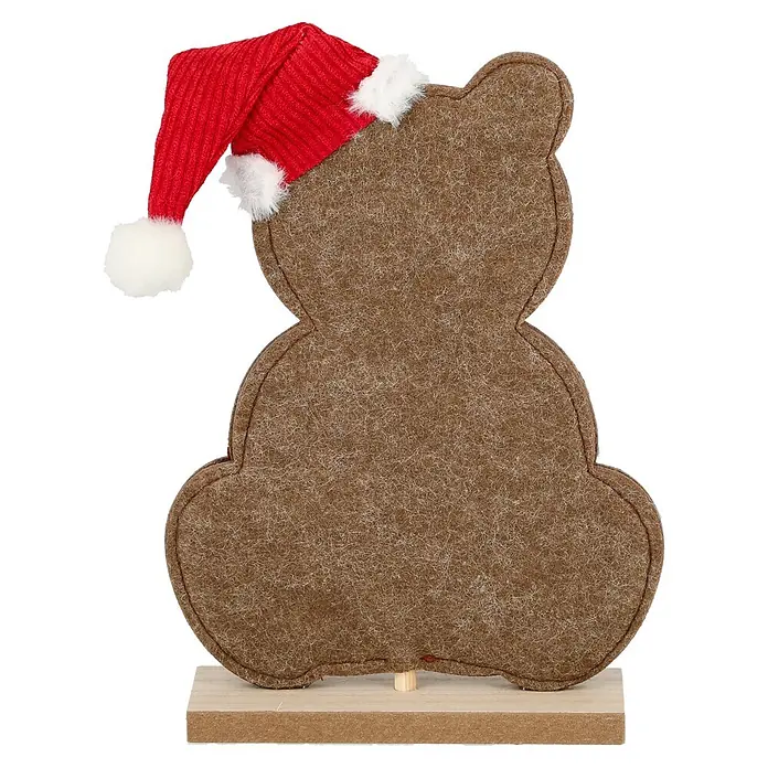 Dekoelement Bär Rubi - Holz - Braunes Filz-Bär-Schild mit roter Weihnachtsmütze auf Holzsockel.