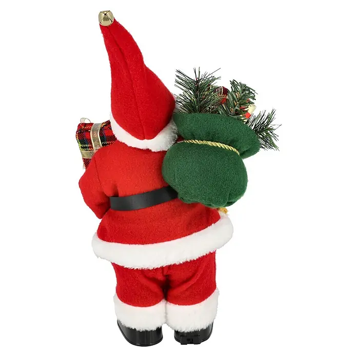 Mica Decorations Dekofigur Holly Jolly Christmas - Polyester - Rote Weihnachtsmann-Figur mit weißem Besatz, einem grünen Sack und einem karierten Geschenk.