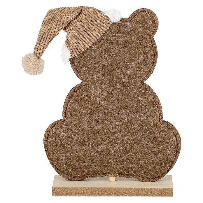 Dekoelement Bär Rubi - Holz - Braunfilz-Bärenplatte mit beiger Strickmütze und Holzsockel.