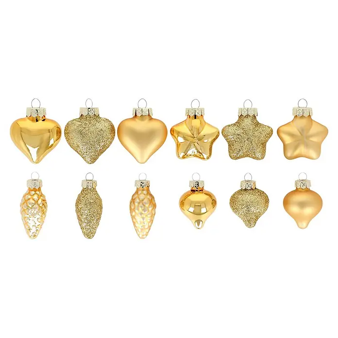 Christbaumkugel-Mix - Inkagold, Glas, 24 Stk. - Eine Sammlung goldener Weihnachtskugeln in verschiedenen Formen (Herzen, Sterne, Tannenzapfen, Tropfen), teils glänzend, teils matt, teils glitzernd.