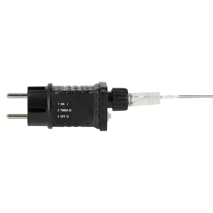 LED-Stern hängend - 45 cm, Silber, Lichtfarbe: Warmweiß, IP44, Netzbetrieben - Schwarz Power-Adapter mit Wahlschalter (ON, TIMER, OFF) und dünnem, durchsichtigem Kabel.