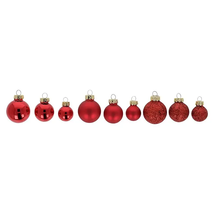Christbaumkugel-Mix - Merry Red, Glas, 15 Stk. - Rote Weihnachtskugeln in glänzender, matter und glitzernder Ausführung, mit goldenen Kappen und Metallbügeln, in verschiedenen Größen.