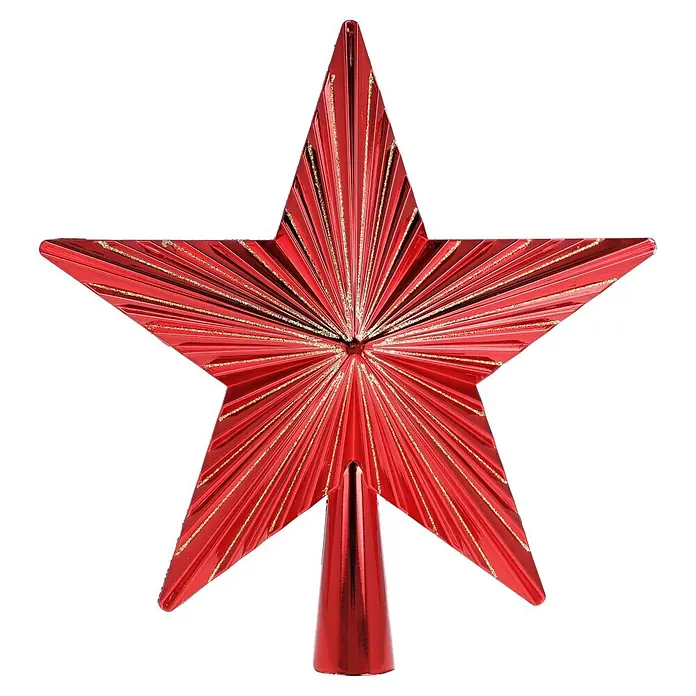 Christbaumspitze Holly & Jolly - Länge: 20 cm, Festive Red - Glänzender roter Weihnachtsbaumstern mit goldglitzernden Streifen.