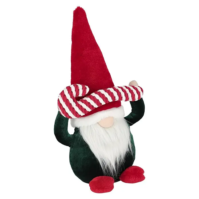 Dekofigur Weihnachtswichtel mit Zuckerstange - L x B x H: 22 x 14 x 41 cm, Polyester - Weihnachtswichtel mit hohem rotem Hut, weißem Bart, grünem Körper, roten Füßen, hält eine rot-weiß gestreifte Zuckerstange.