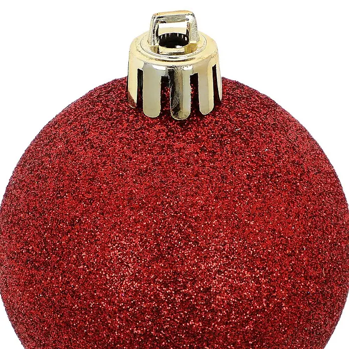 Christbaumkugel-Set - Rot, Kunststoff, 48 Stk., Durchmesser: 6 cm - Ein roter Glitzer-Weihnachtsschmuck mit goldener Kappe.