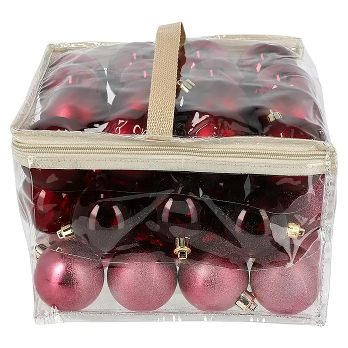 Christbaumkugel-Set - Bordeaux, Kunststoff, 48 Stk., Durchmesser: 6 cm - Transparenter Aufbewahrungsbehälter mit roten und pinken Weihnachtskugeln, mit beigem Reißverschluss und Griff.