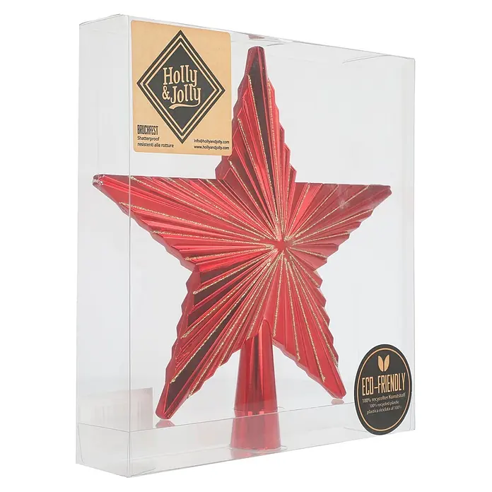 Christbaumspitze Holly & Jolly - Länge: 20 cm, Festive Red - Roter sternförmiger Weihnachtsbaumspitze mit goldenen Glitzerakzenten, aus 100% recyceltem Kunststoff, in einer Klarsichtbox verpackt.