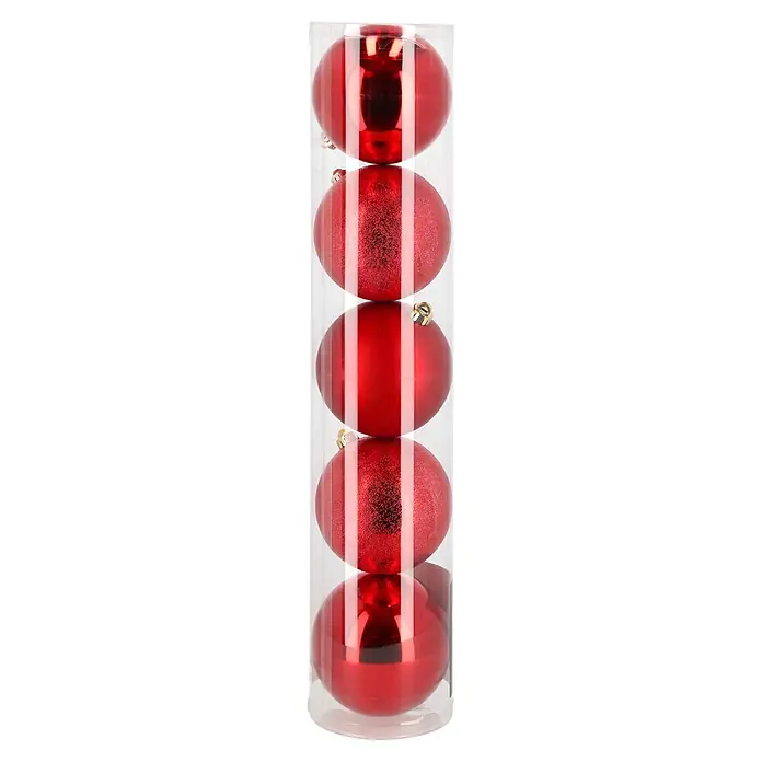 Christbaumkugel-Set - Rot, Kunststoff, 5 Stk., Durchmesser: 15 cm - Fünf rote Weihnachtskugeln, teils glänzend, teils glitzernd, gestapelt in einer transparenten Zylinderverpackung.