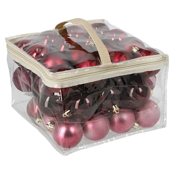 Christbaumkugel-Set - Bordeaux, Kunststoff, 48 Stk., Durchmesser: 6 cm - Transparente Plastiktasche gefüllt mit roten und burgunderfarbenen Weihnachtskugeln, teils glänzend, teils glitzernd, mit beigem Reißverschluss und Griff.