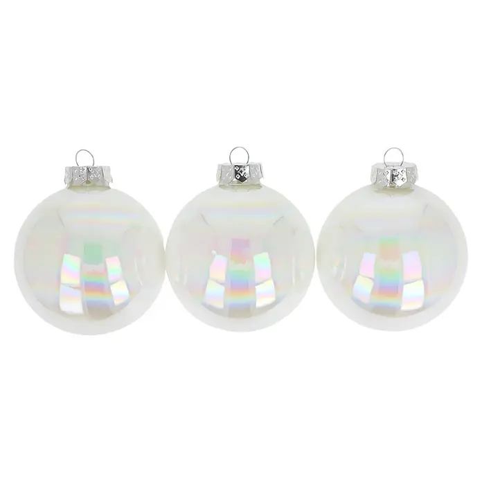 Christbaumkugel-Set Holly & Jolly - Dazzling Snow, Glas, 12 Stk., 8 cm - Drei schillernde weiße Weihnachtskugeln mit silbernen Kappen für festliche Dekoration.