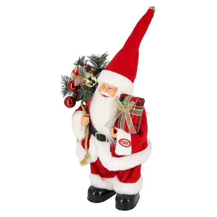 Mica Decorations Dekofigur Holly Jolly Christmas - Polyester - Festliche Weihnachtsmannfigur im roten Anzug, hält einen geschmückten Kiefernast und ein kariertes Geschenk. Mit 'Press Here' Knopf.