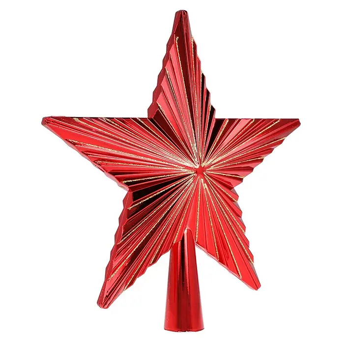 Christbaumspitze Holly & Jolly - Länge: 20 cm, Festive Red - Glänzender roter Stern als Weihnachtsbaumspitze mit goldenen Glitzerlinien.