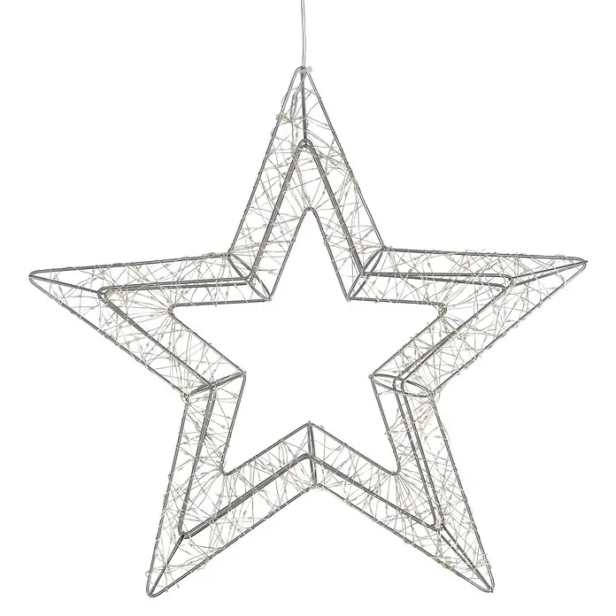 LED-Stern hängend - 45 cm, Silber, Lichtfarbe: Warmweiß, IP44, Netzbetrieben - Hängende sternförmige Lichterkette mit silbernem Rahmen und warmweißen LEDs.