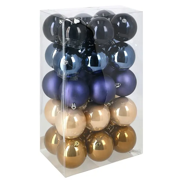 Christbaumkugel-Set - Blau, Violett und Creme, Kunststoff, 30 Stk., 8 cm - Eine transparente Box gefüllt mit glänzenden und matten Weihnachtskugeln in Schwarz, Blau, Lila und Gold.