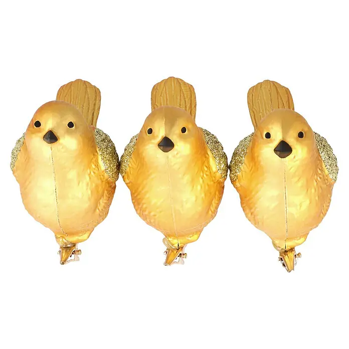 Dekofigur Vögel - Kunststoff - Drei goldene Vogelornamente mit Glitzerflügeln und Clips.