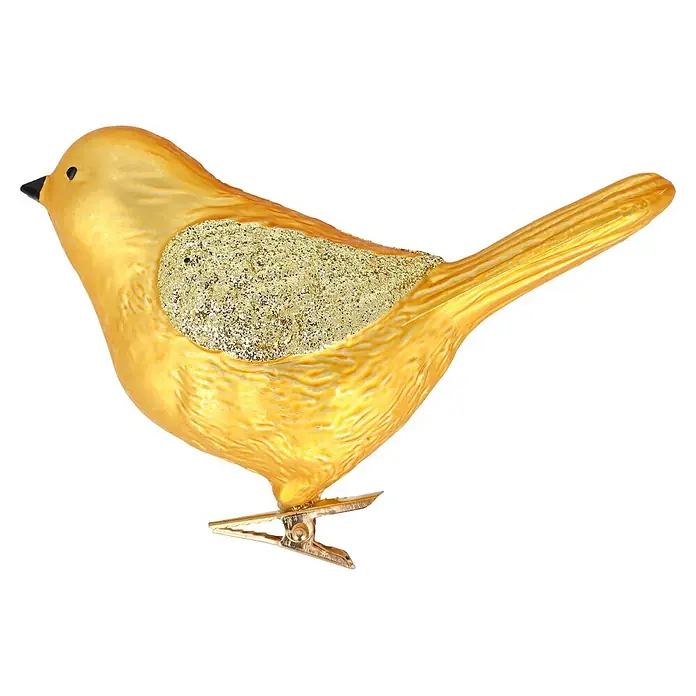 Dekofigur Vögel - Kunststoff - Goldener Vogel-Ornament mit Glitzerflügel und Befestigungsclip.
