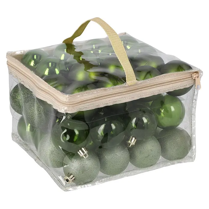 Christbaumkugel-Set - Grün, Kunststoff, 48 Stk., Durchmesser: 6 cm - Grüne Weihnachtsbaumkugeln, glänzend und glitzernd, in einer transparenten Aufbewahrungstasche mit beigem Reißverschluss und Griff.