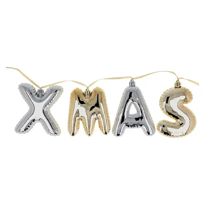 Weihnachtsgirlande XMAS - Kunststoff, L x B x H: 6 x 2,5 x 10 cm - Glänzende silberne und goldene XMAS-Buchstabenornamente aus Metall, zum Aufhängen geeignet.