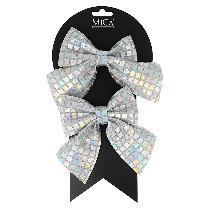 Mica Decorations Deko-Schleife - Irisierend, 2 Stk. - Zwei irisierende silberne Dekoschleifen mit Mosaikmuster und Glitzerakzenten.