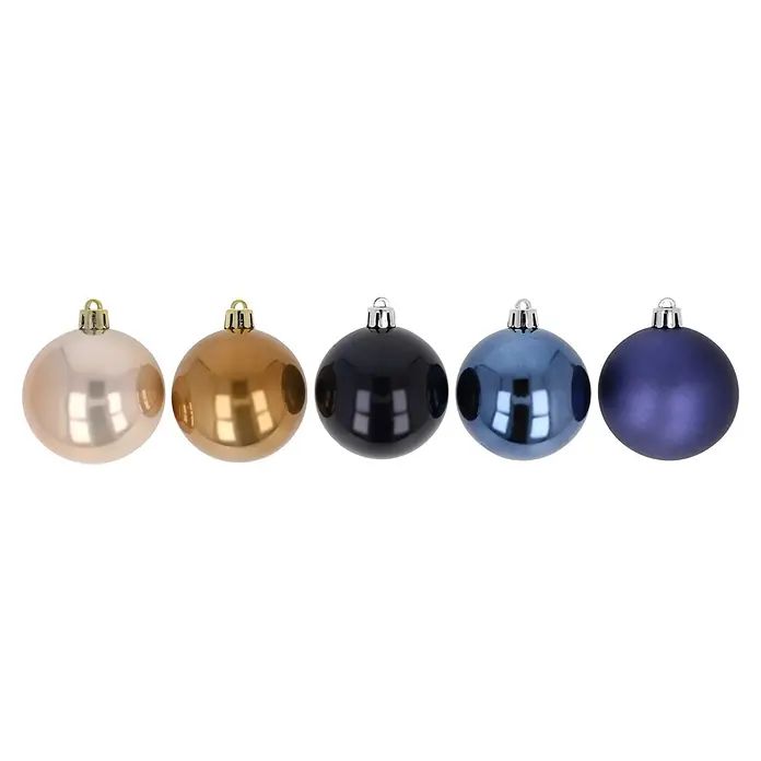 Christbaumkugel-Set - Blau, Violett und Creme, Kunststoff, 30 Stk., 6 cm - Fünf kugelförmige Weihnachtsbaumkugeln in Beige, Gold, Schwarz, Blau und Dunkelblau mit glänzender und matter Oberfläche.