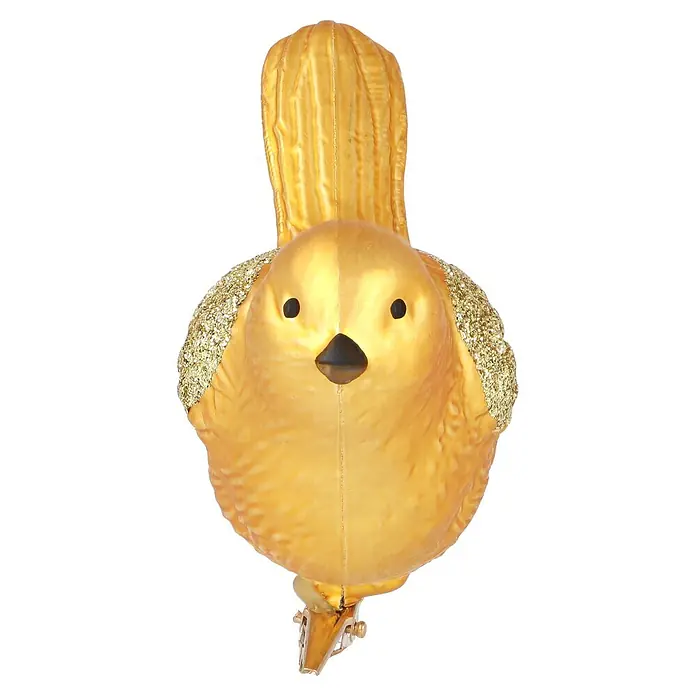 Dekofigur Vögel - Kunststoff - Goldener Vogel-Weihnachtsschmuck mit Glitzerflügeln und Befestigungsclip.