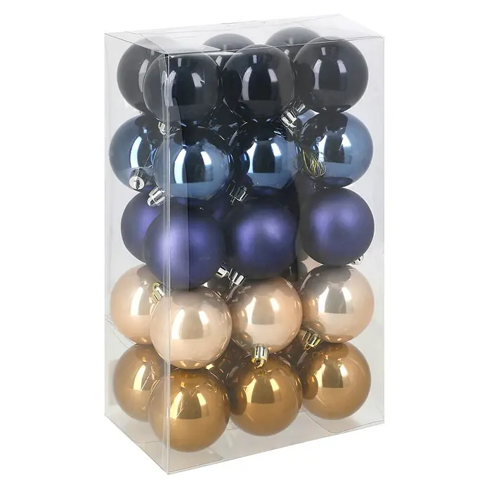 Christbaumkugel-Set - Blau, Violett und Creme, Kunststoff, 30 Stk., 6 cm - Set Weihnachtsbaumkugeln in transparenter Box, mit glänzenden dunkelblauen, matten violetten und glänzenden goldenen Kugeln.